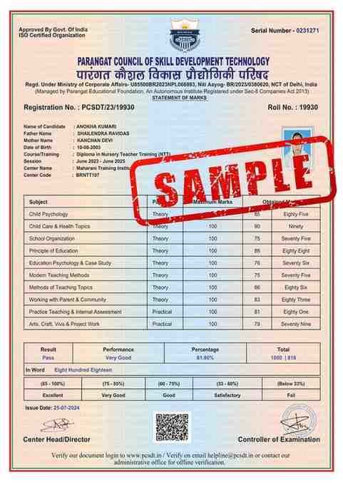 NTT Final Year Marksheet Certificate PCSDT
